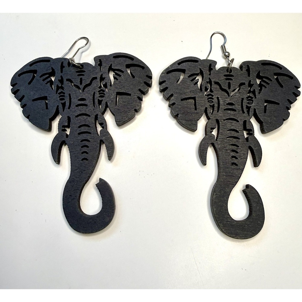 Large Wooden Lazer Cut Elephant Dangle Earrings Dark Black 3" Light Weight